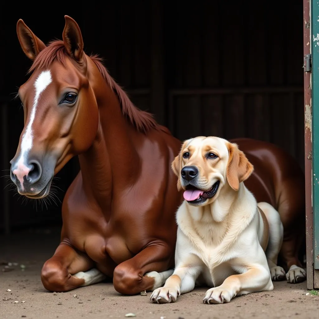 Dog and horse enjoying companionship in the barn