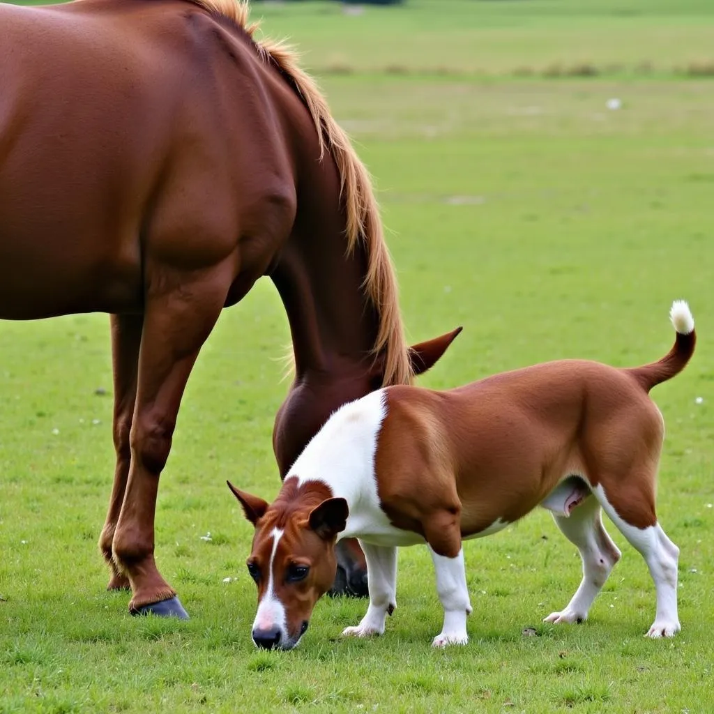 Dog and Horse Sharing Pasture