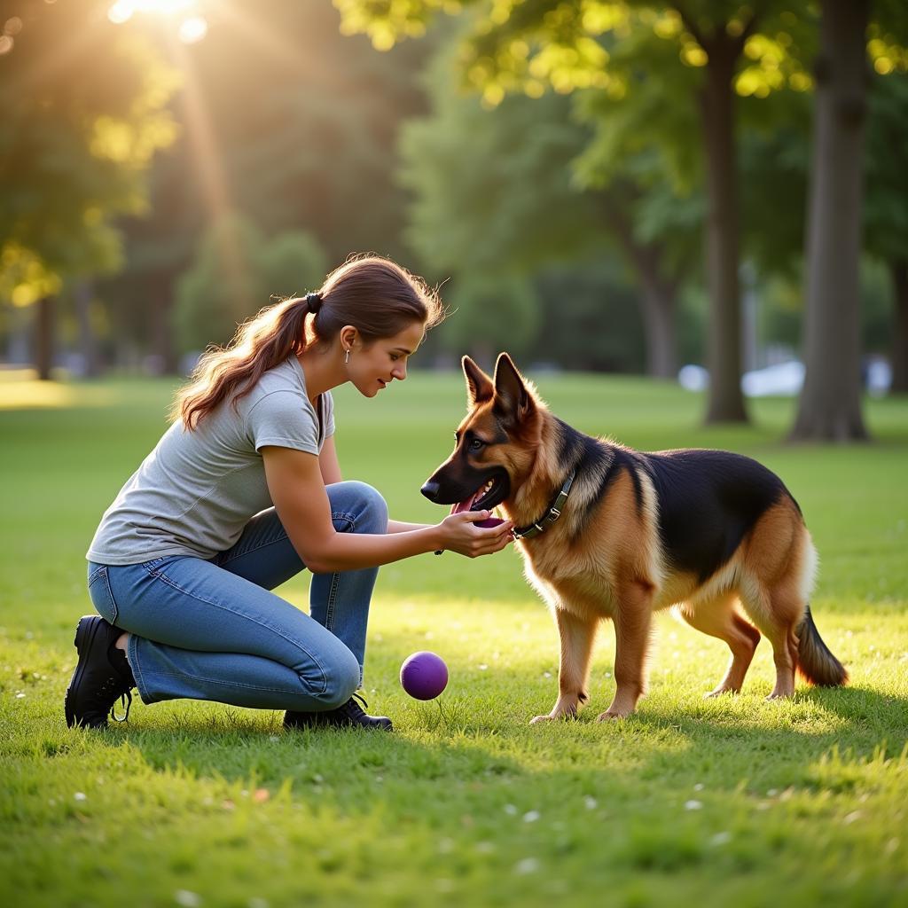 A woman kneels down and playfully rolls a horse ball towards her German Shepherd