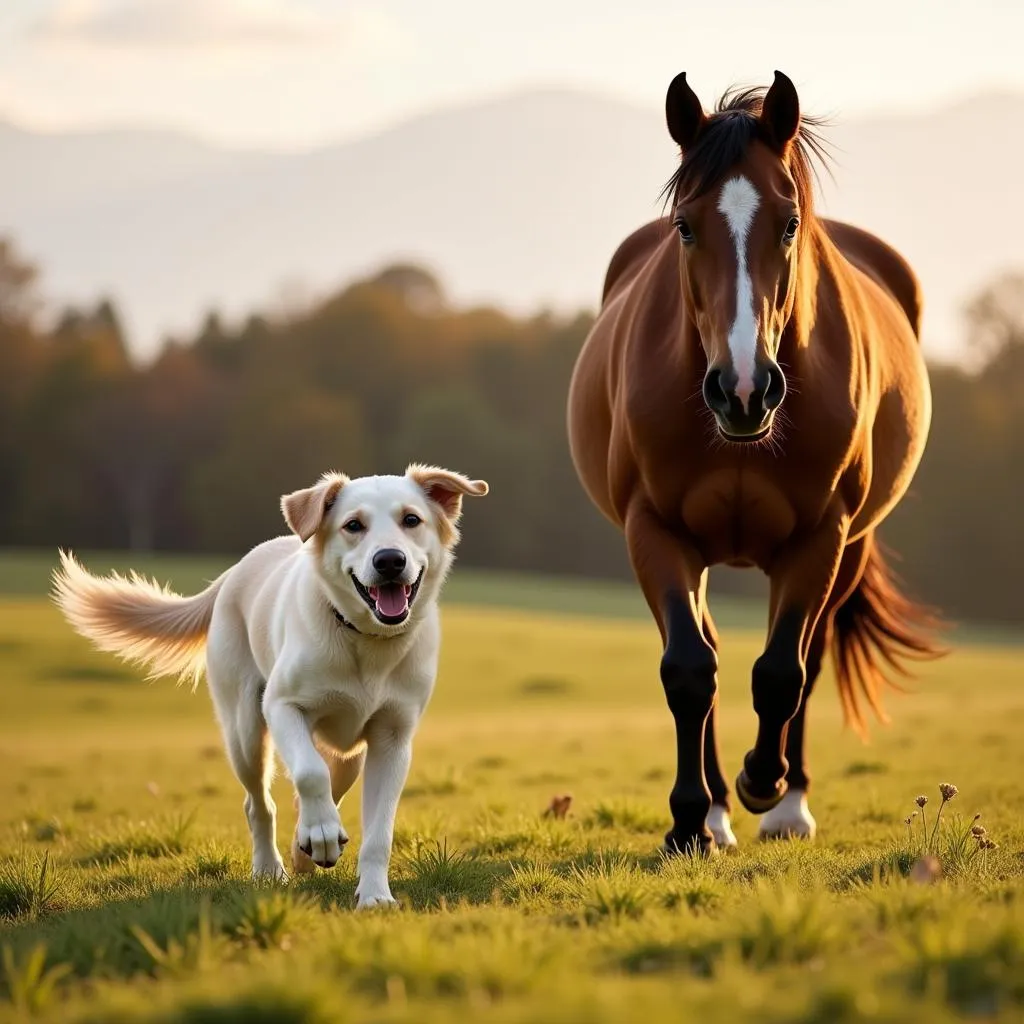 Dog playing with horse in the field