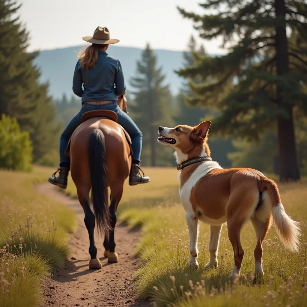 Dog accompanying owner on trail ride with horse