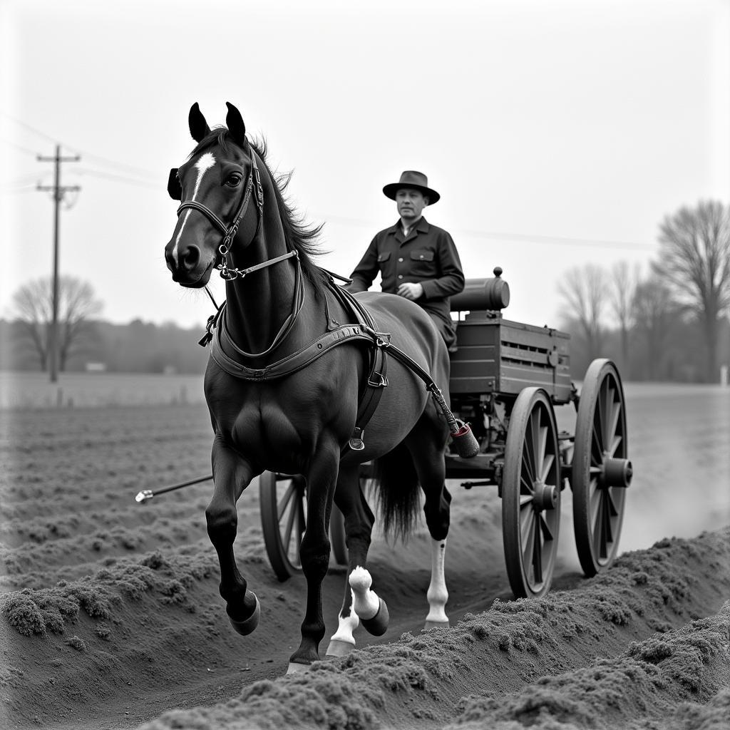 A vintage photo of a draft horse pulling a plow in a field.