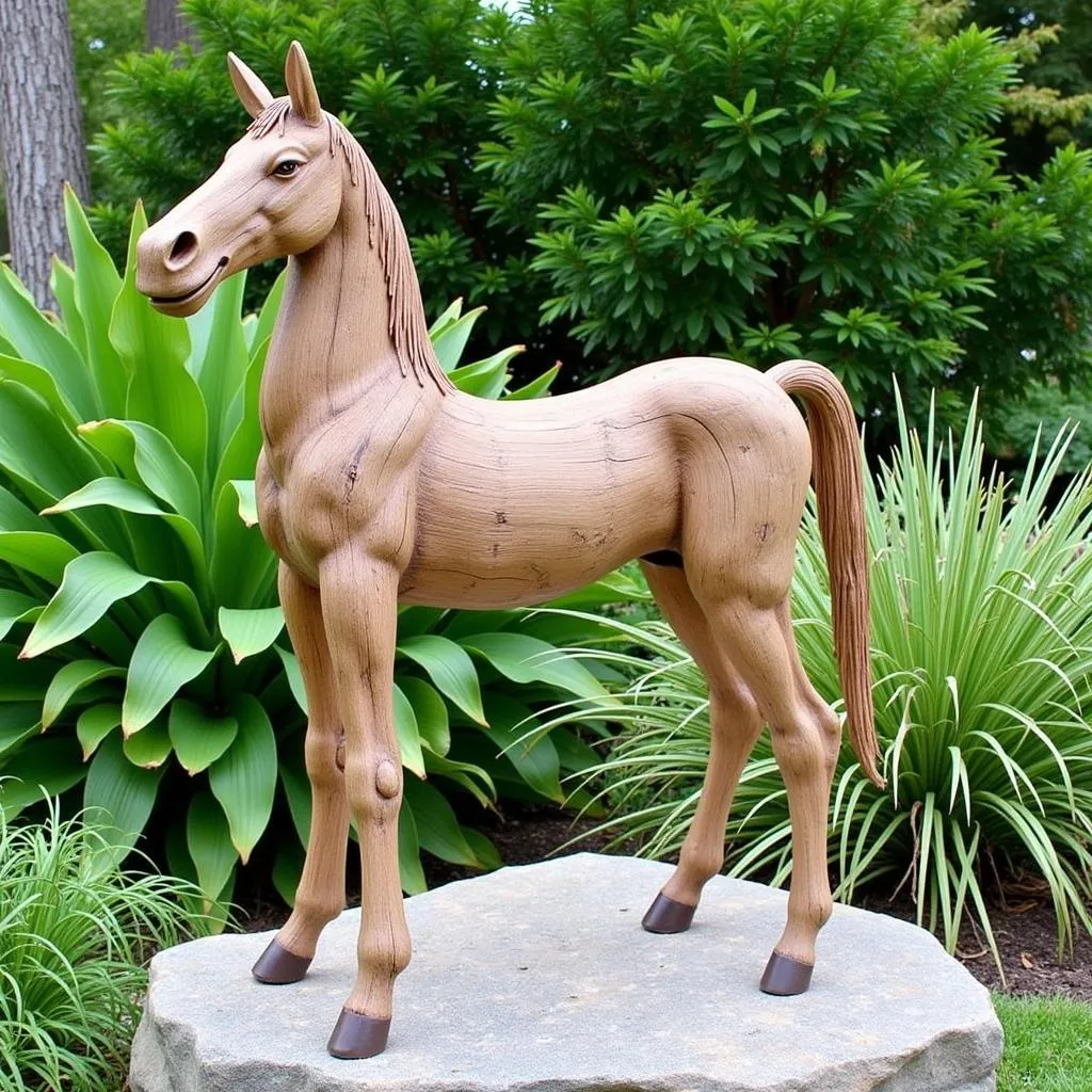 Driftwood Horse Sculpture in a Garden