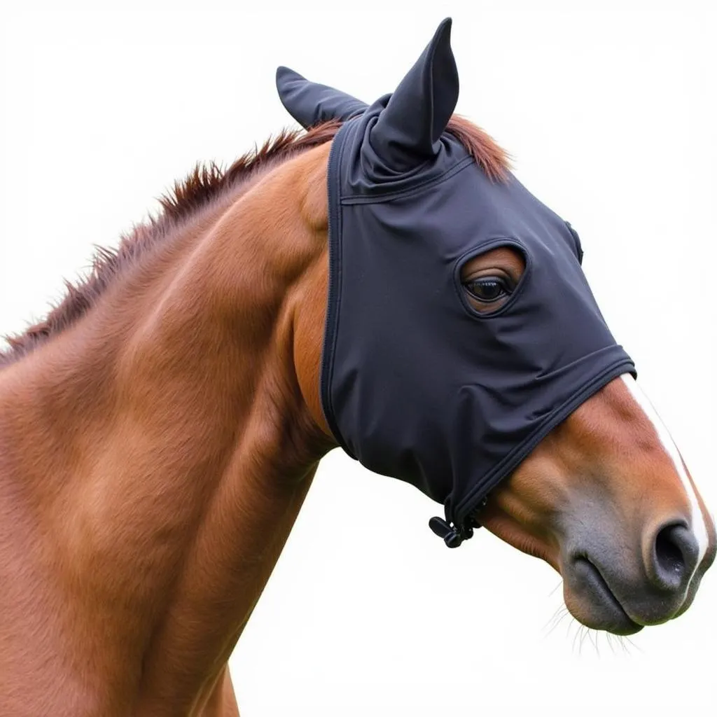 Horse wearing fly ear covers