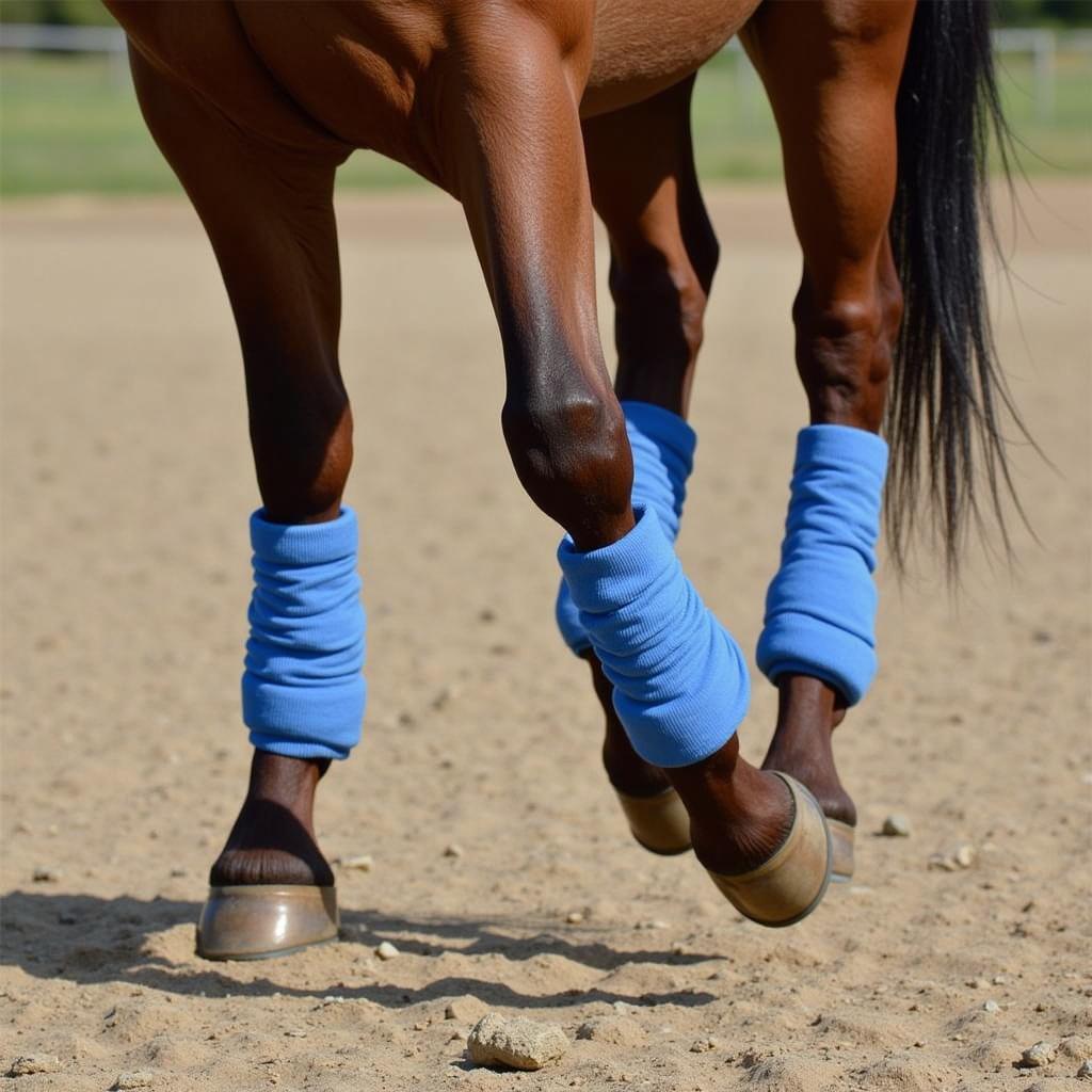 Elastikon tape applied to a horse's leg for support