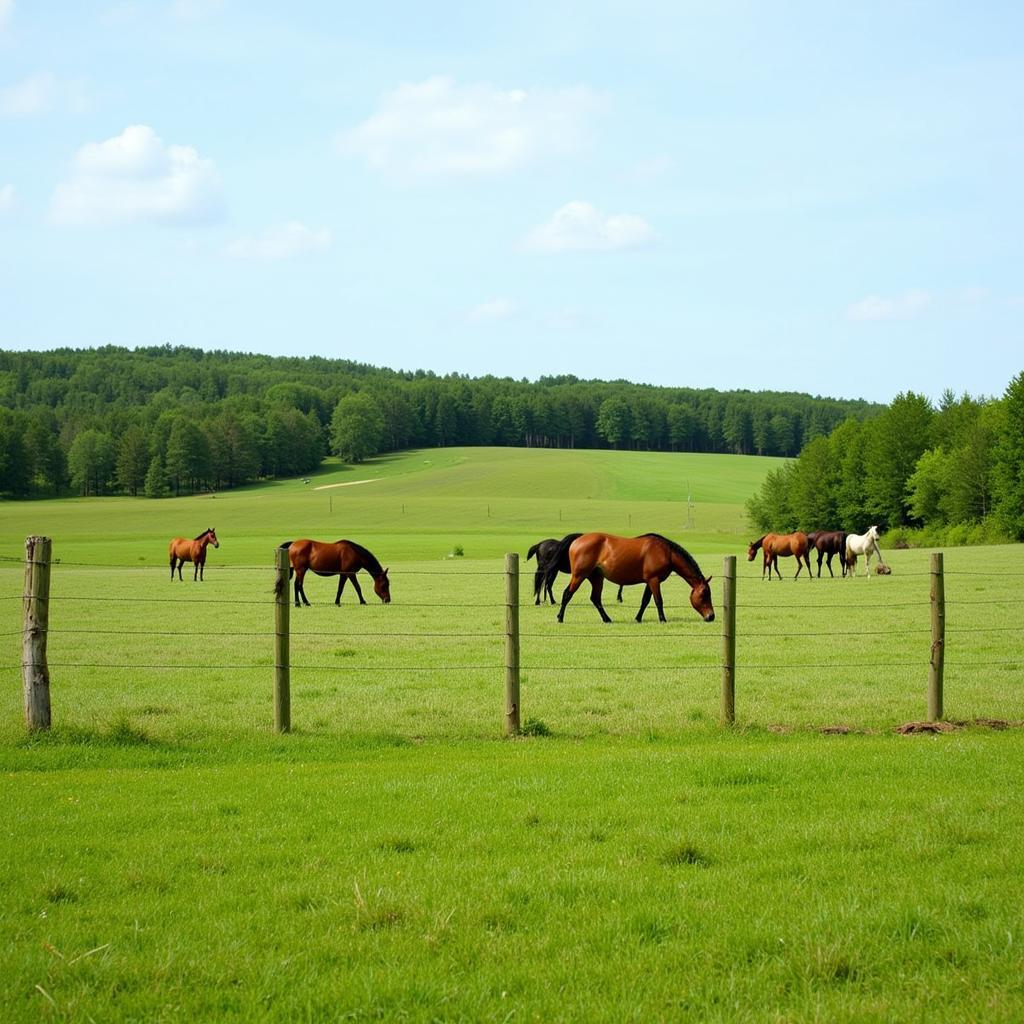 Horses grazing in a pasture enclosed by an electric fence