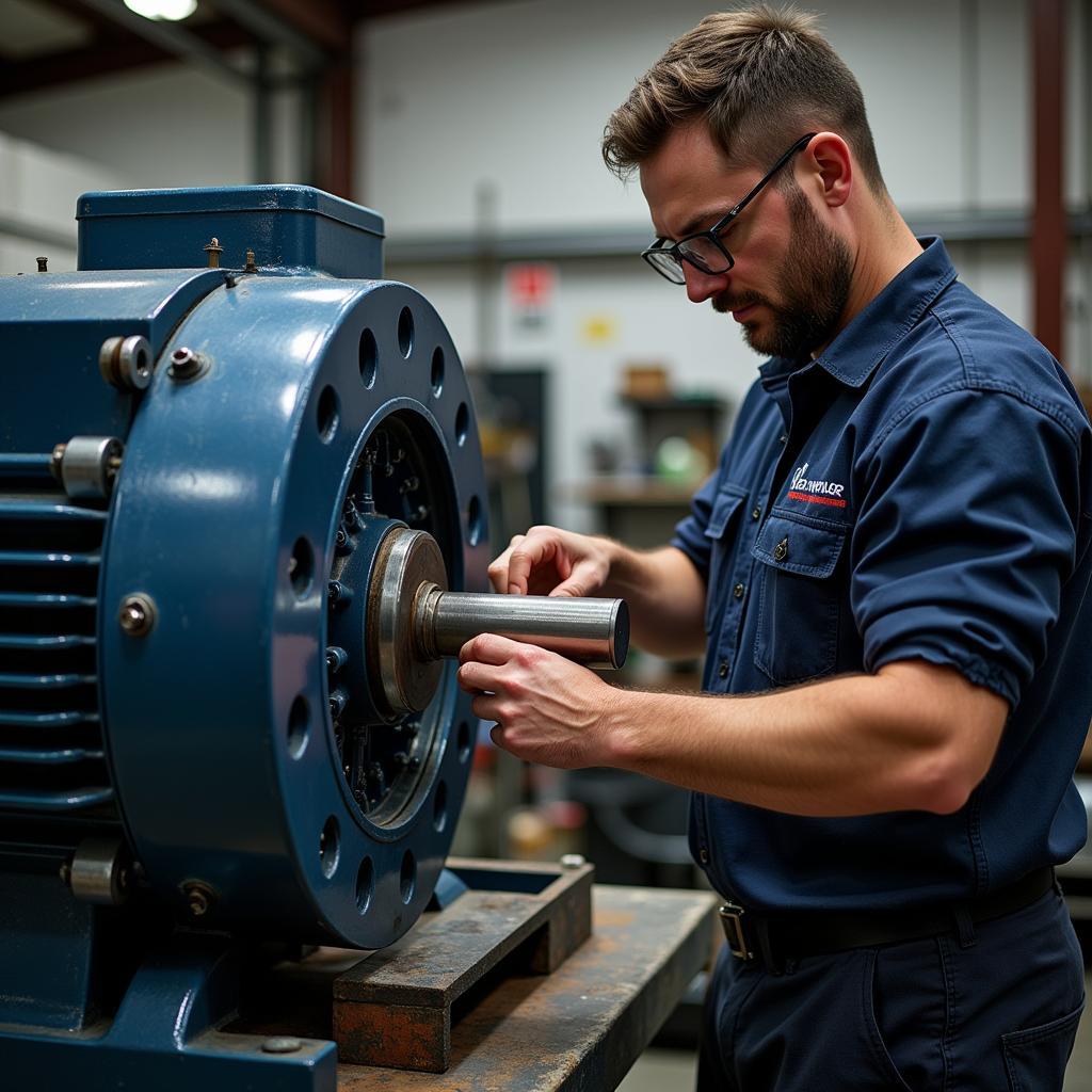 Technician inspecting and maintaining a 50 horsepower electric motor in a workshop.