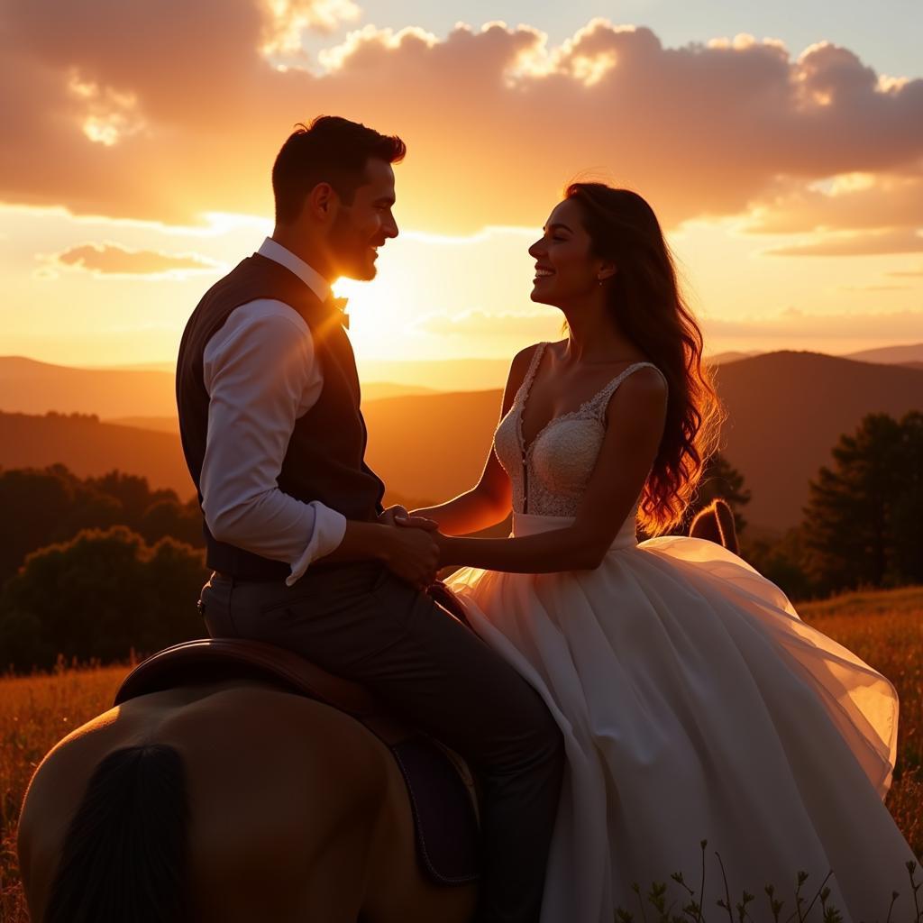 Engaged Couple Horseback Riding at Sunset