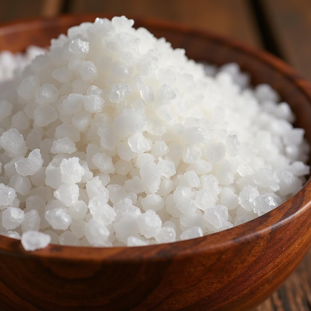 Epsom salt crystals in a wooden bowl