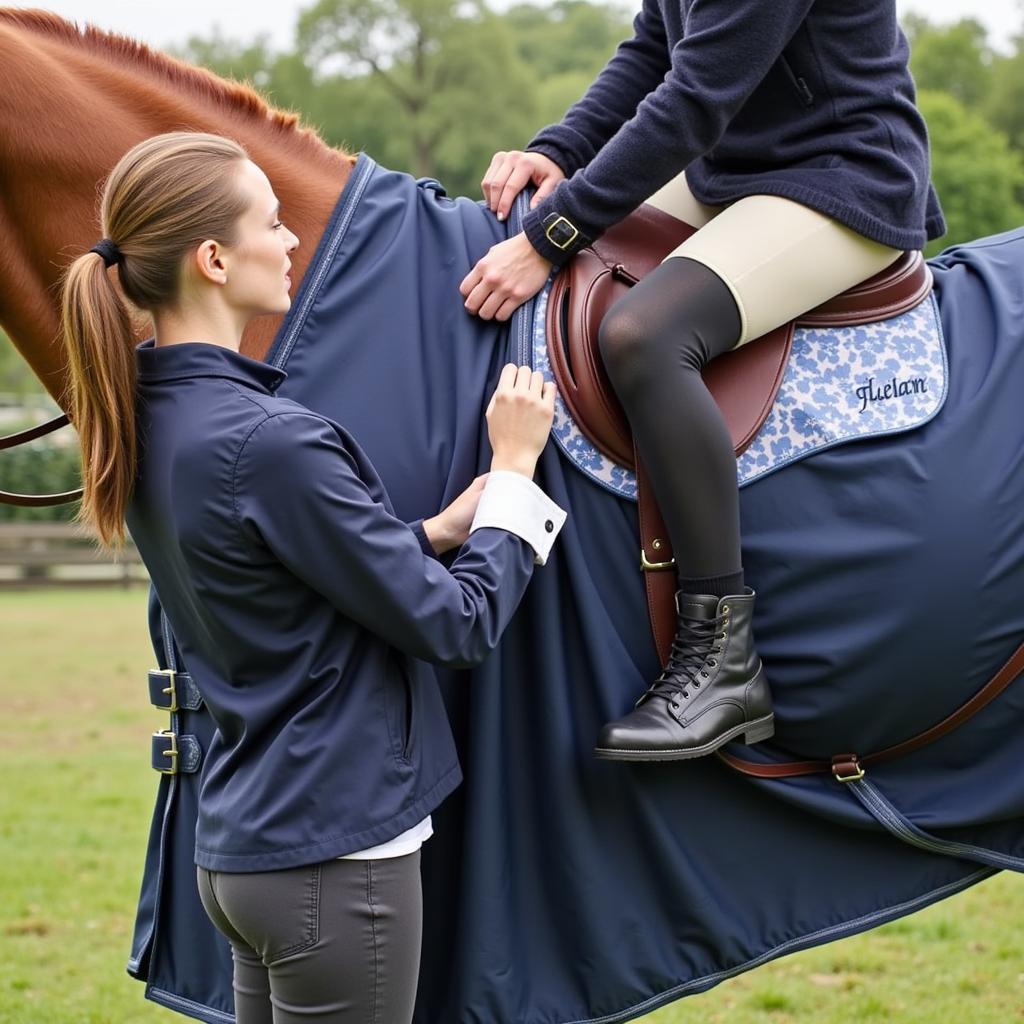 Equestrian adjusting a personalized couture horse blanket