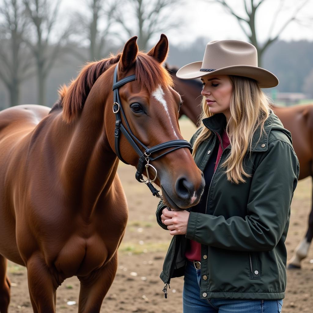 An equestrian inspecting a horse for sale