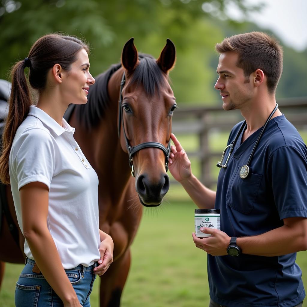 Equestrian consulting a veterinarian about horse guard supplements