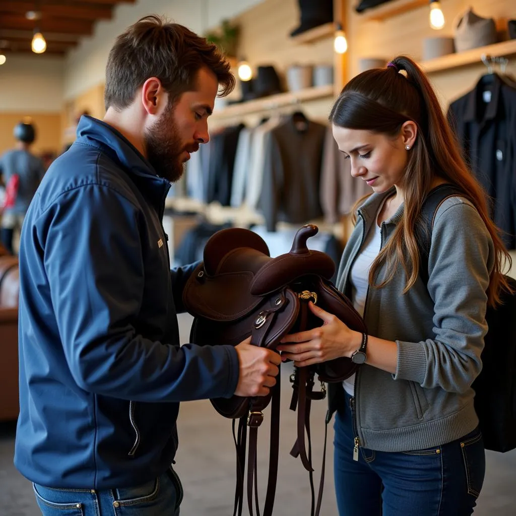 Equestrian selecting a saddle in a rental shop