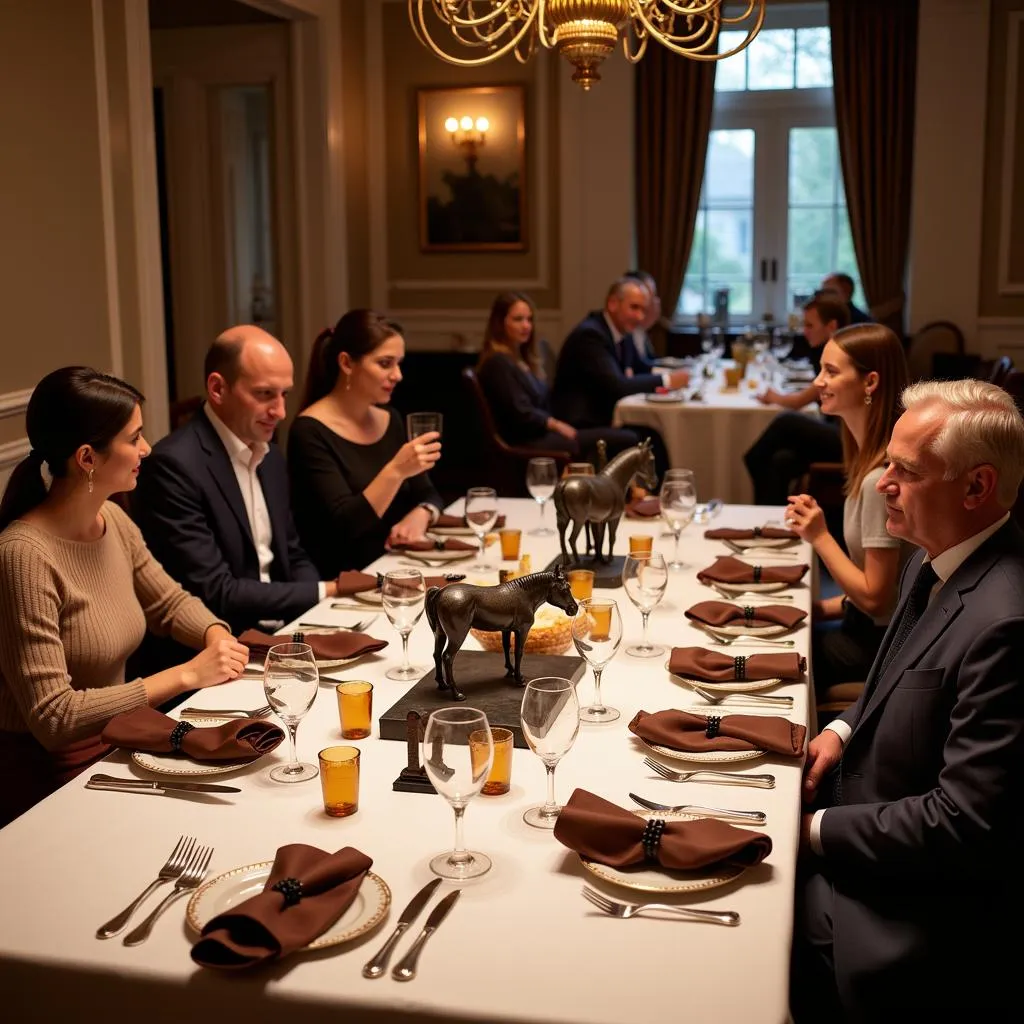 Elegant equestrian-themed dinner party with guests enjoying a meal