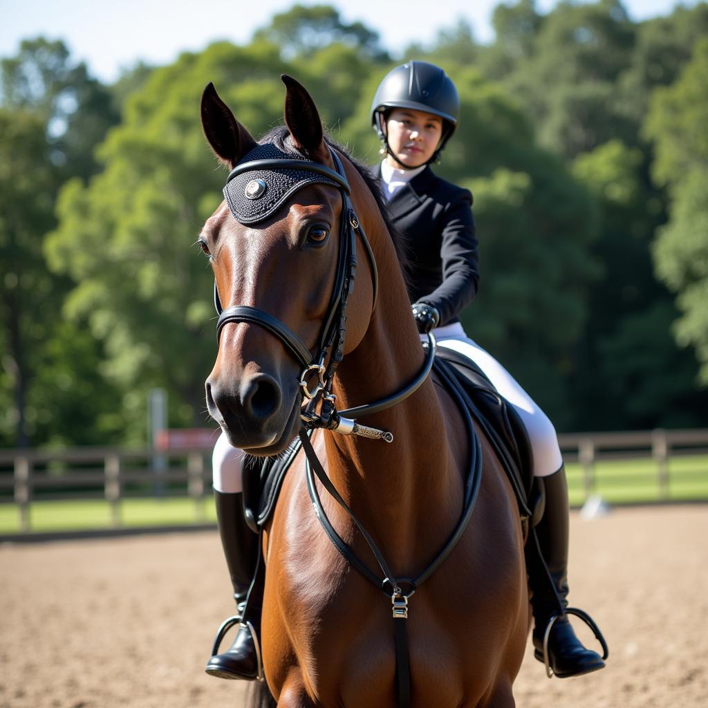 An equestrian wearing a Hazbin Hotel-themed helmet while riding.