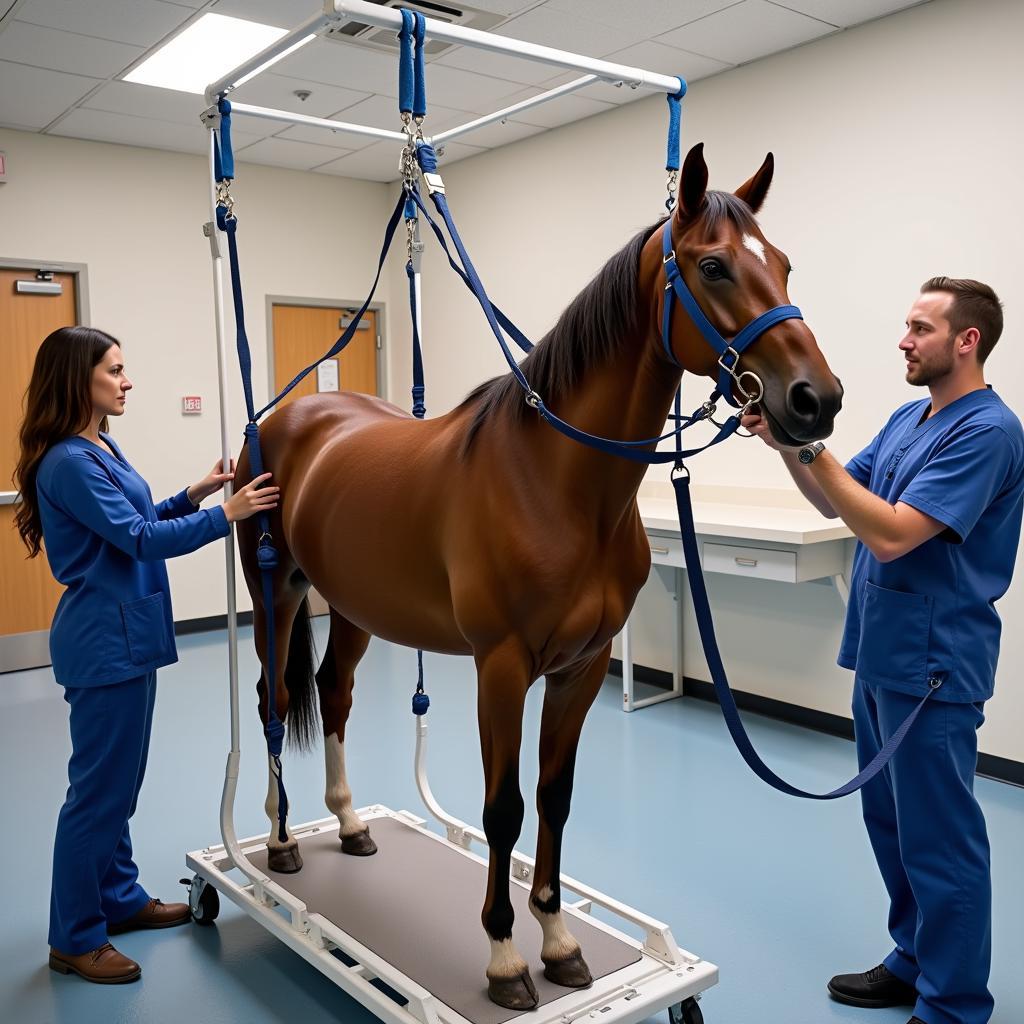 An equine sling lift being used in a veterinary setting