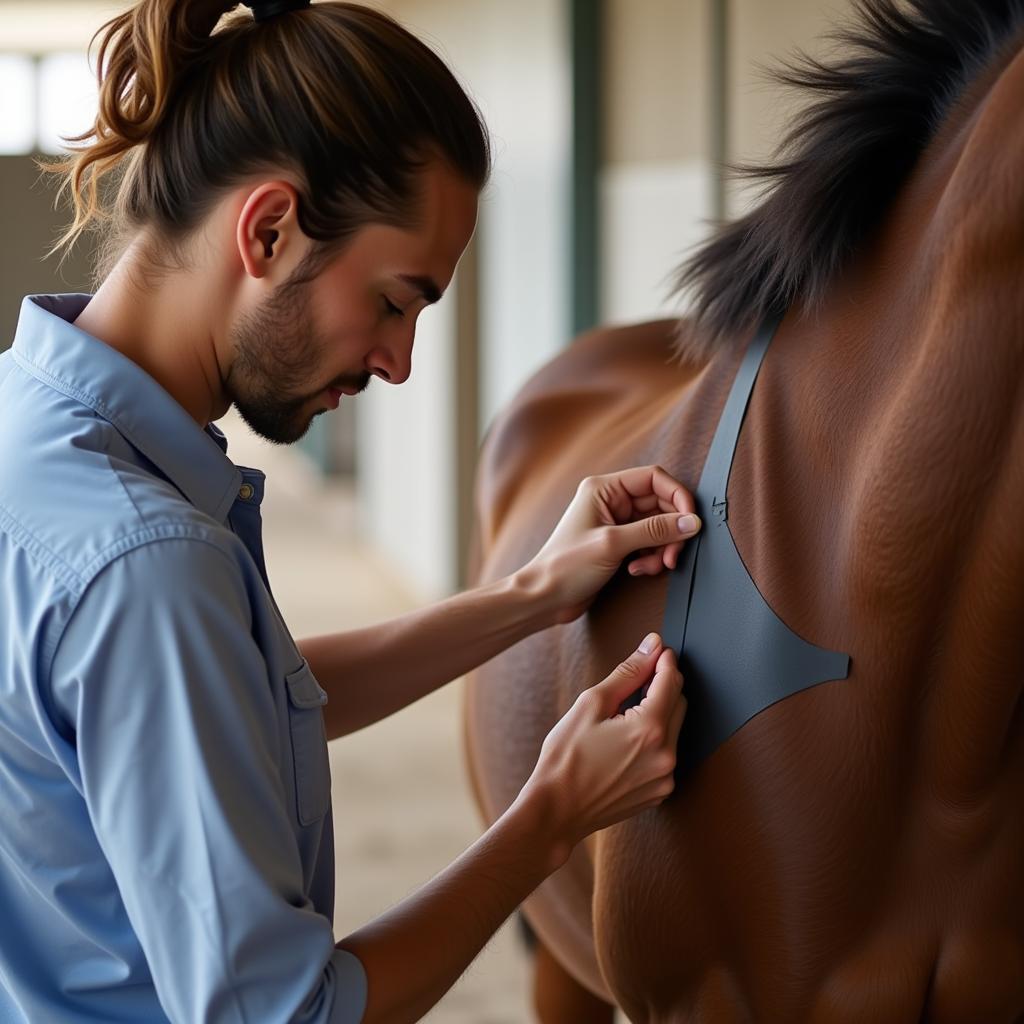 An equine therapist carefully applies kinesio tape to a horse