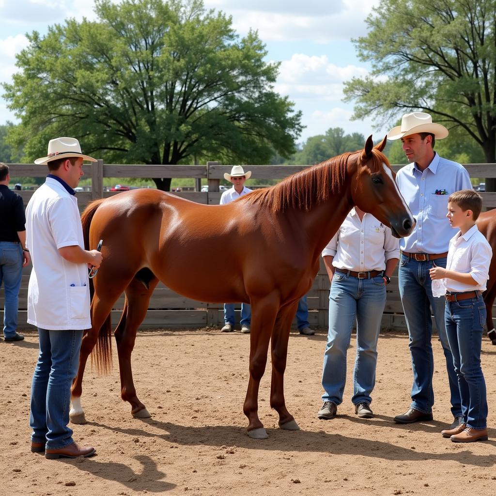 Potential buyers evaluating a race-bred Quarter Horse in Oklahoma