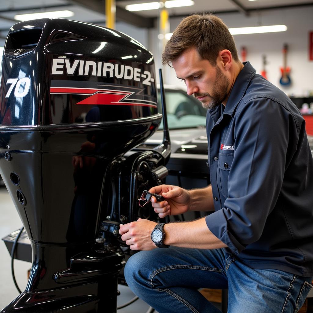  A certified Evinrude mechanic inspecting a 70 HP outboard motor.