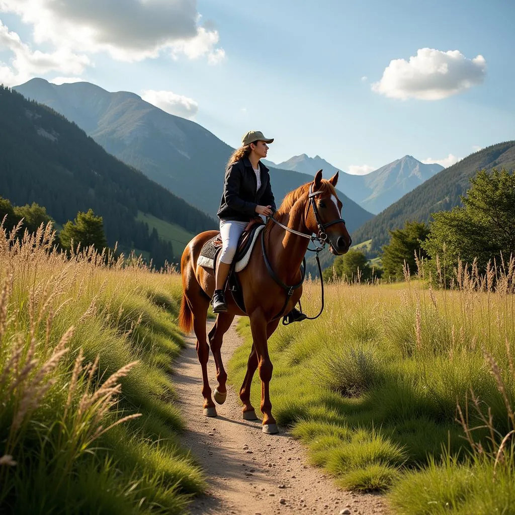 Exaggerator horse with rider on a scenic trail