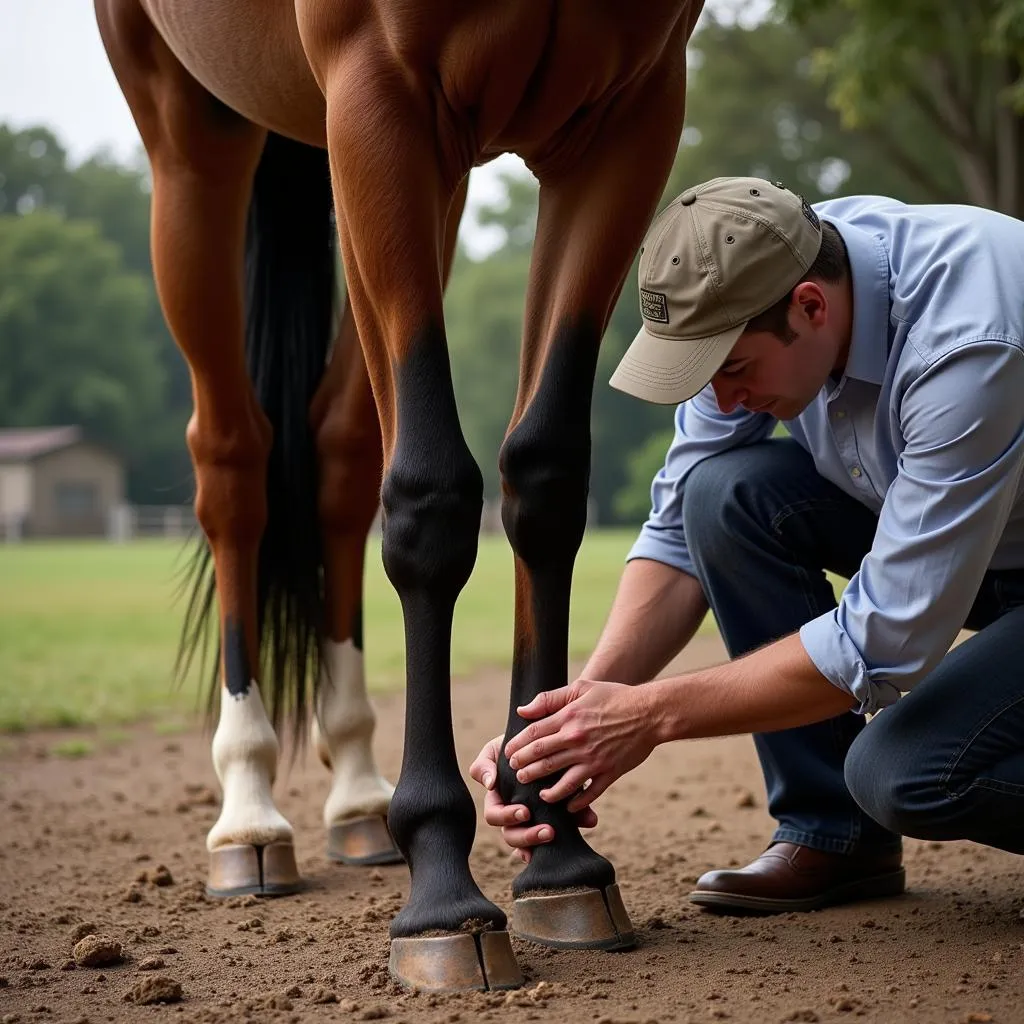 Farrier providing hoof care to an Exaggerator horse