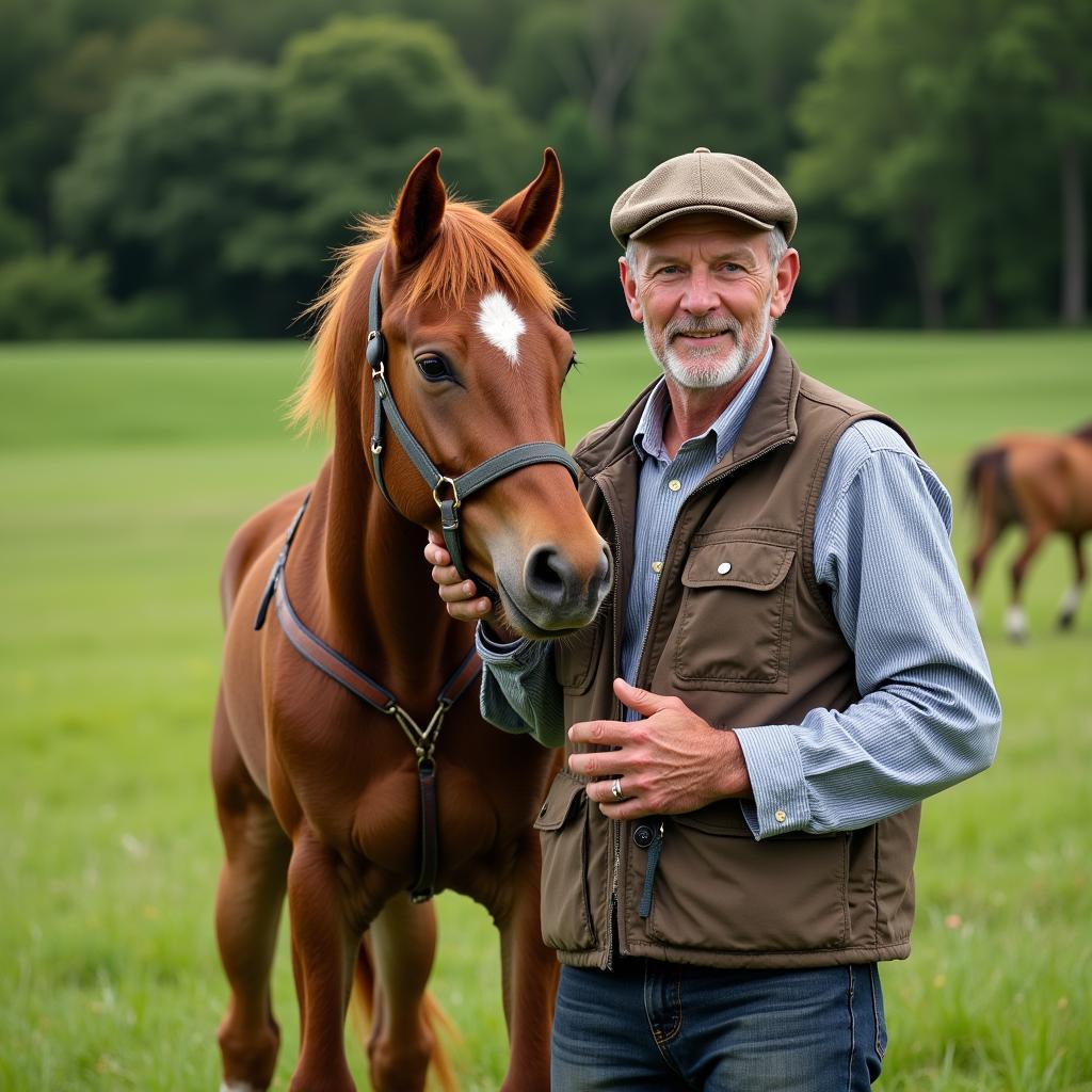 Experienced horse breeder with a mare and her foal