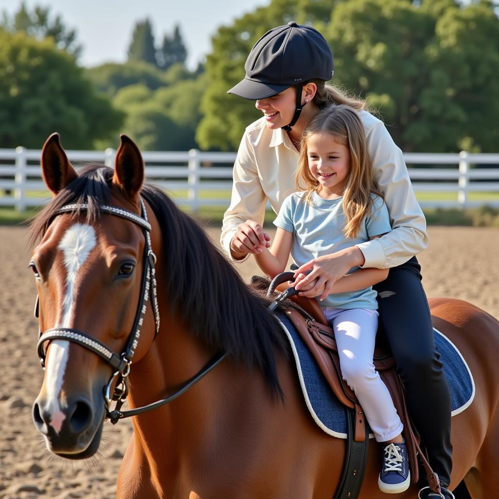 Experienced Riding Instructor Teaching Young Girl