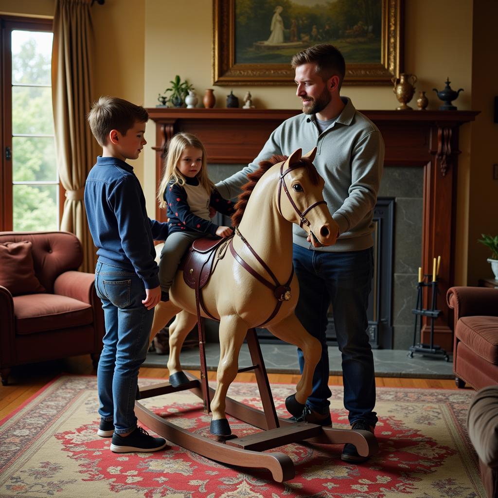 Family admiring an antique rocking horse