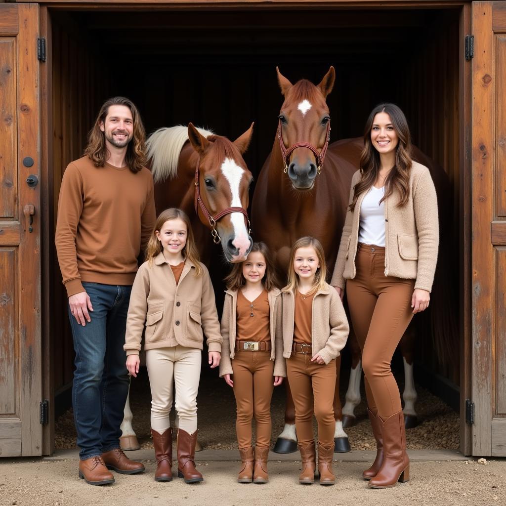 Family Dressed in Coordinating Outfits with Horses