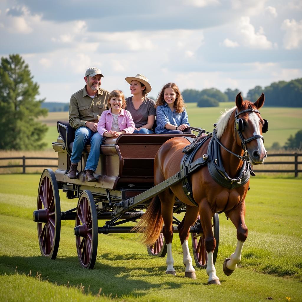 Family Enjoying a Ride in a Horse Drawn Wagon Buckboard