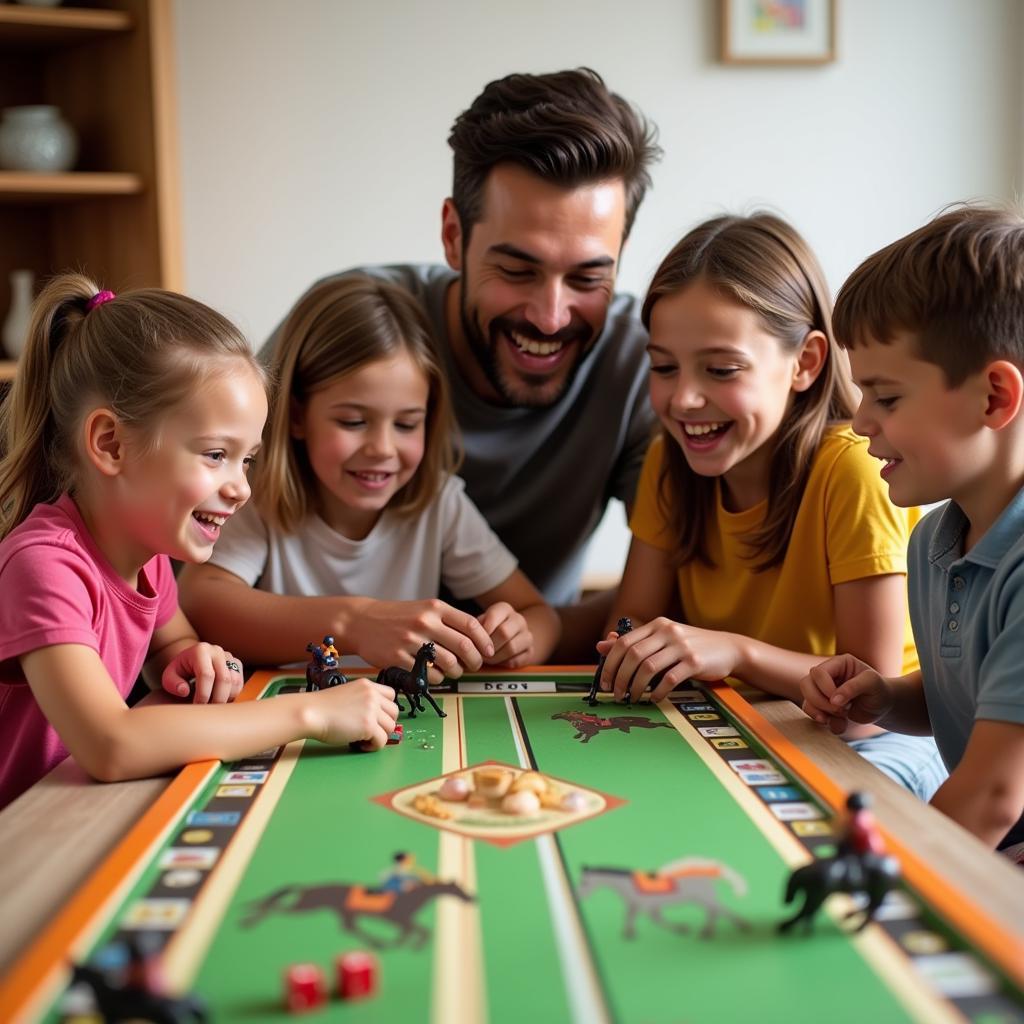 Family Playing a Horse Racing Board Game