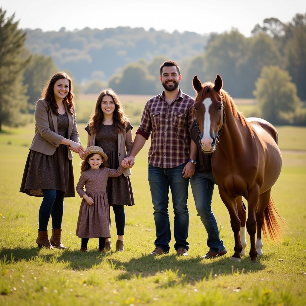 Family Posing with Horses in a Field