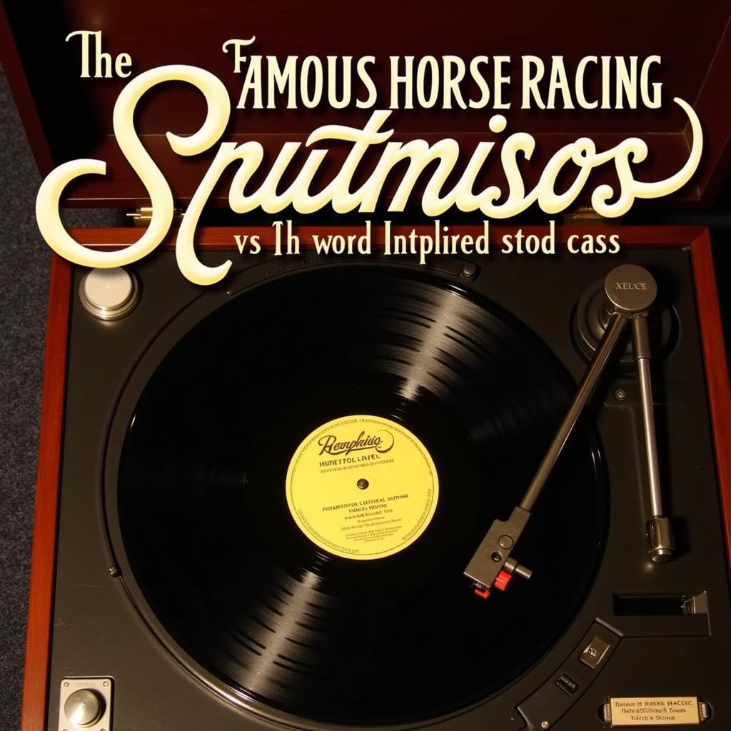 Image of a vintage record player with a vinyl record spinning, the label reading "Famous Horse Racing Songs"