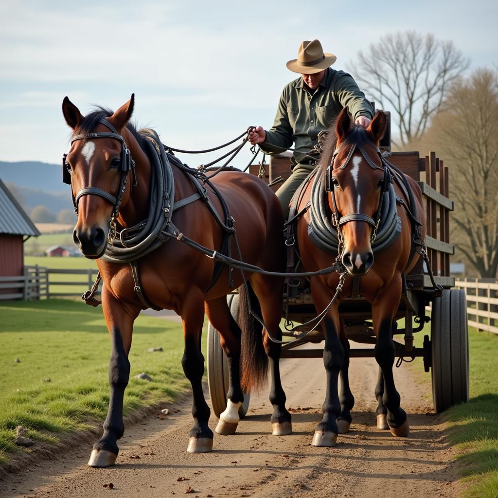 Farmer hitching a horse to a farm wagon