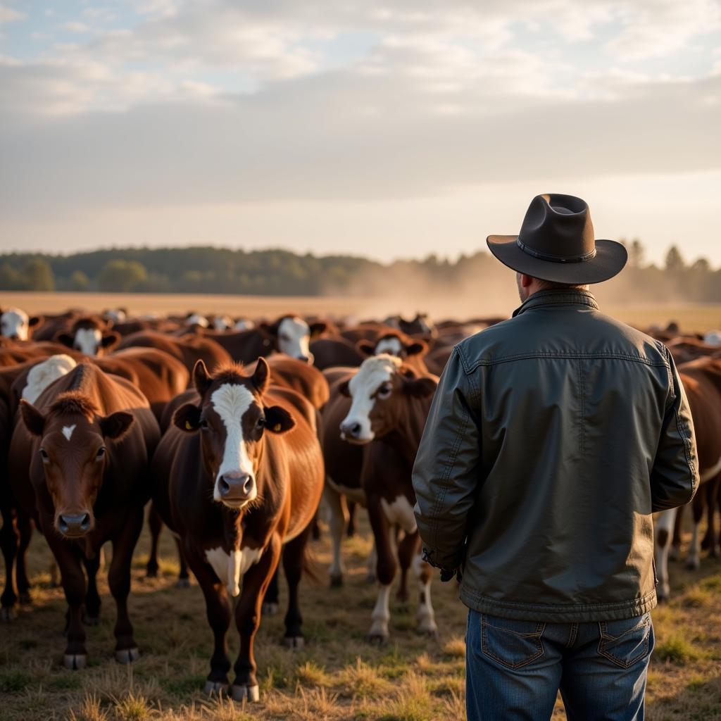 Farmer Monitoring Mixed Herd of Horses and Cows