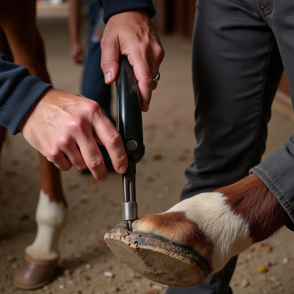 Farrier Examining a Horse Hoof