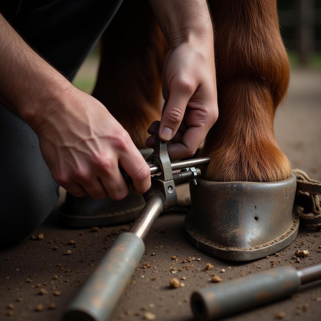 farrier fitting horse shoe nails