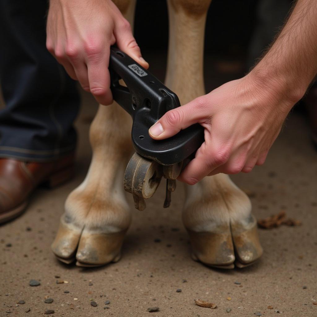 Farrier carefully removing horseshoe using a puller