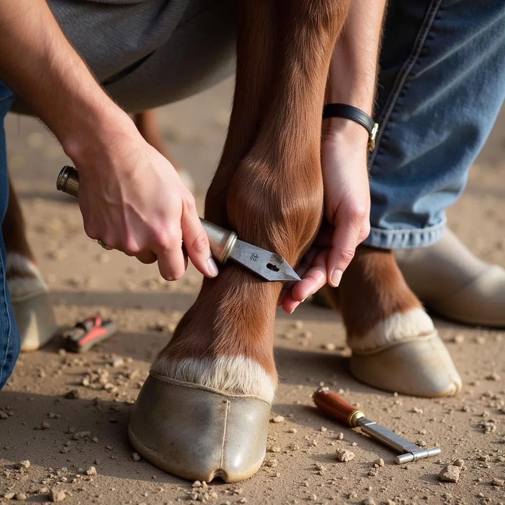 A farrier using tools to trim a horse's hoof