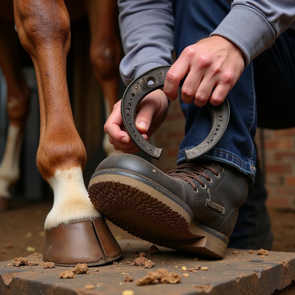 Farrier utilizing a shave horse during horseshoeing