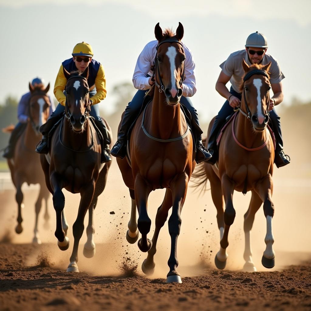 Thoroughbred horses racing on a dirt track