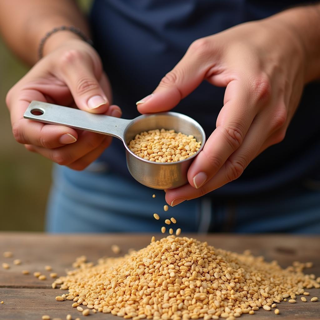 Horse owner measuring barley grain