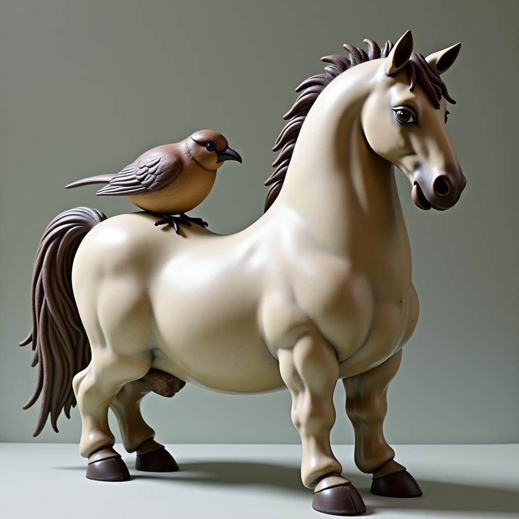 A whimsical sculpture of a horse with a bird perched on its back by Fernando Botero