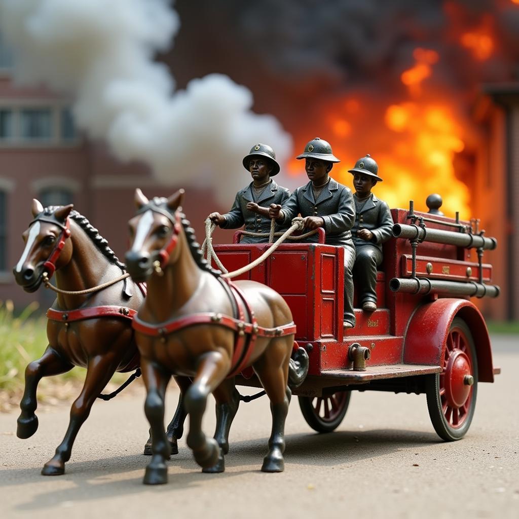 Vintage Cast Iron Fire Truck and Horses in Action