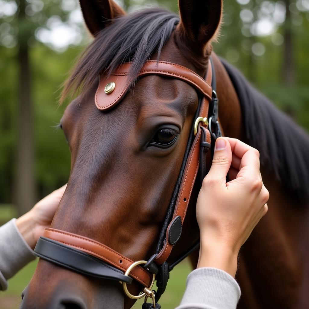 A person fitting a leather halter on a horse.