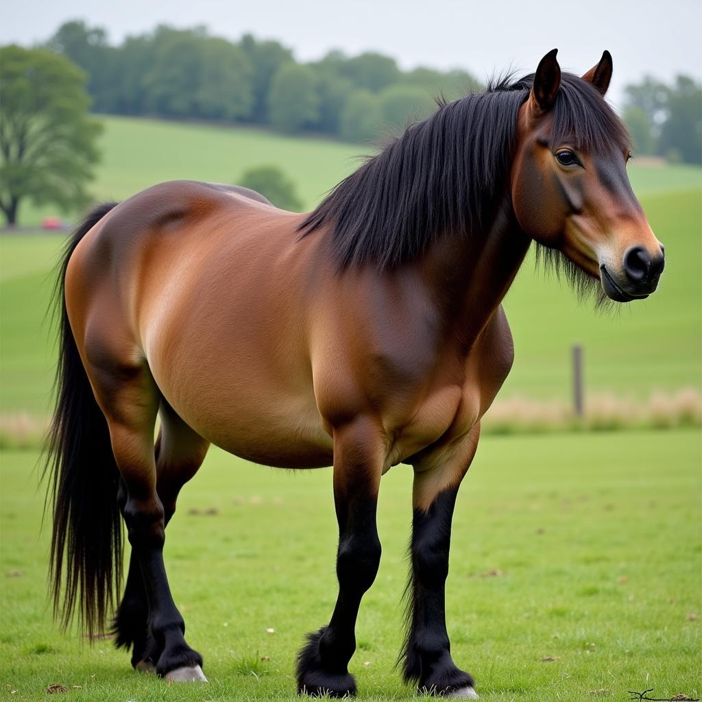 Fjord horse with its characteristic dun coat and dorsal stripe standing in a green field