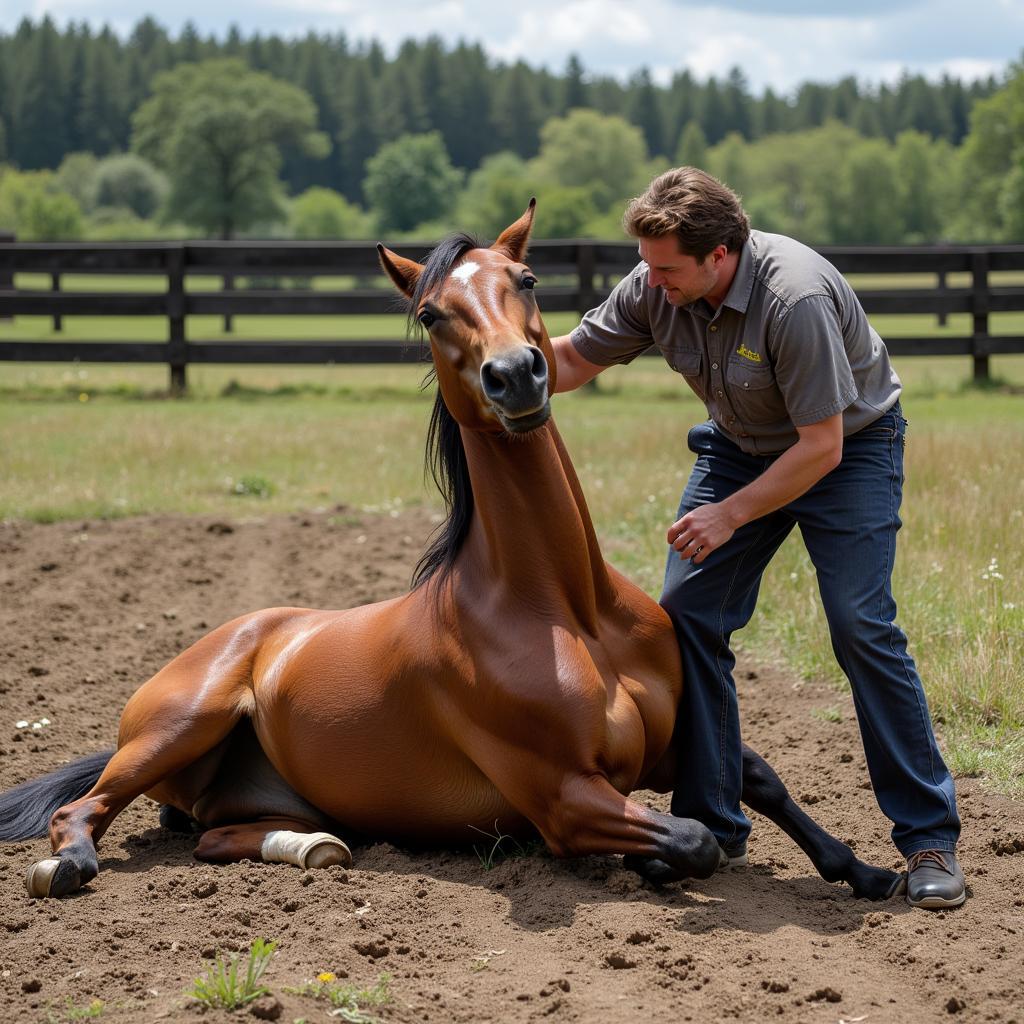 A horse lying flat on the ground, unable to stand, with a worried owner nearby