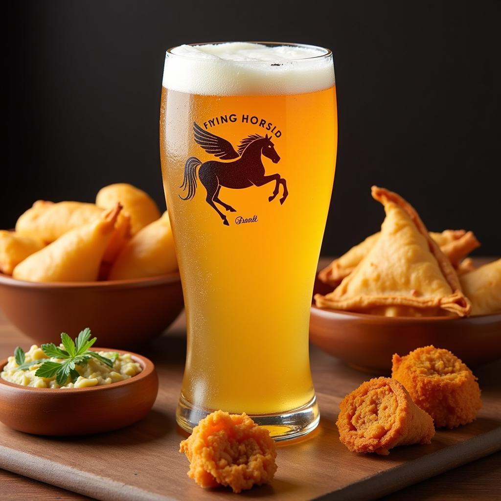 A glass of chilled Flying Horse beer accompanied by Indian snacks