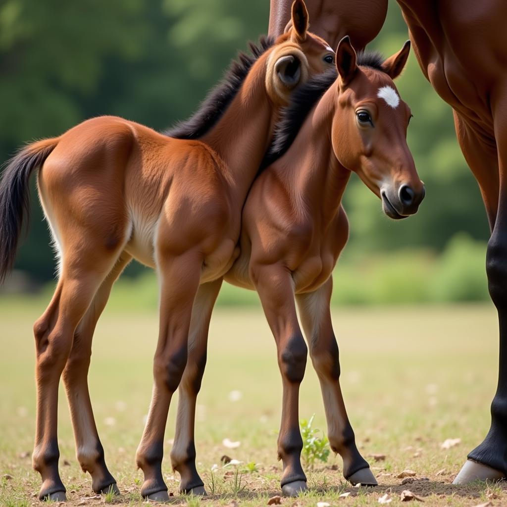 A newborn foal nursing from its mother