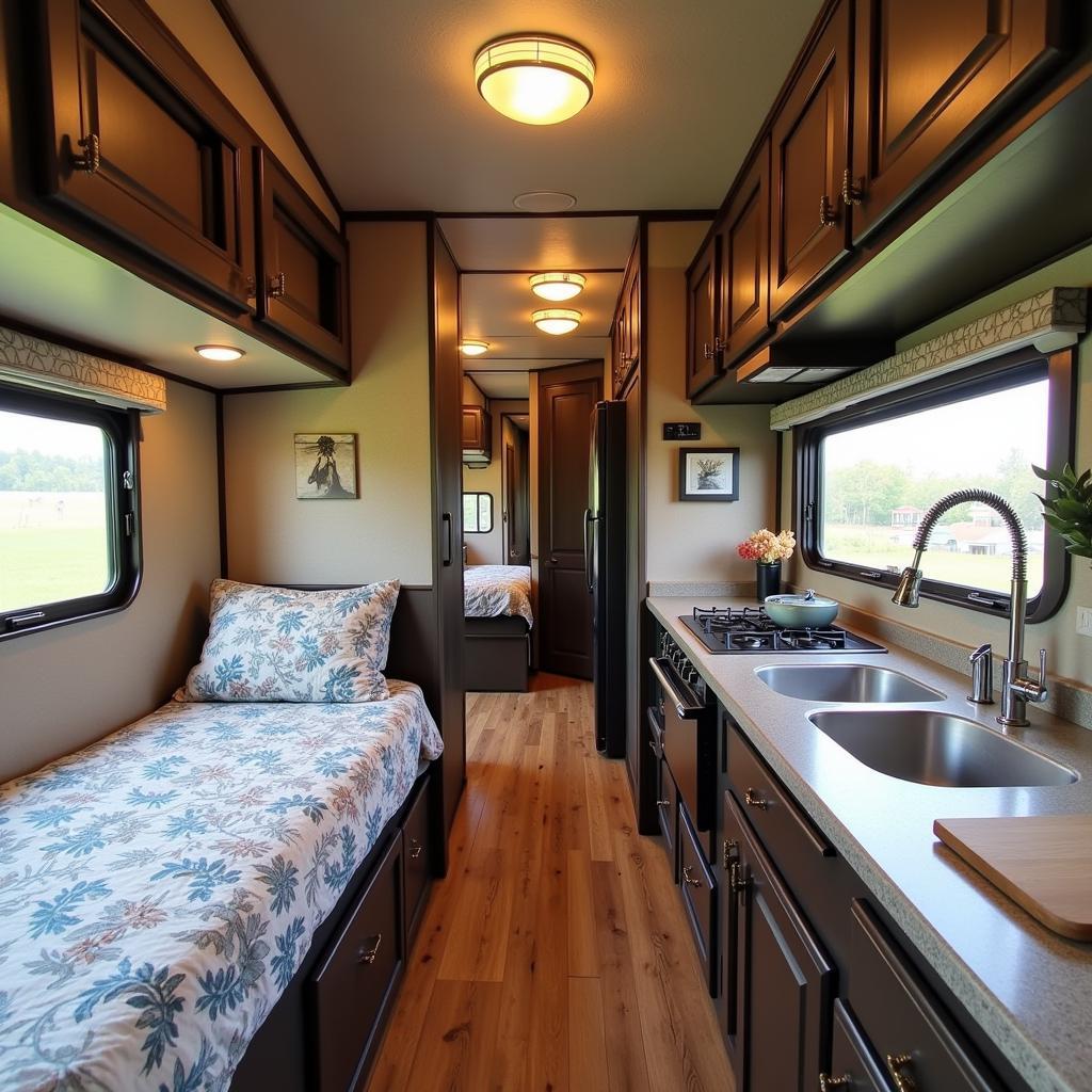 Spacious and well-equipped living quarters inside a four horse trailer.